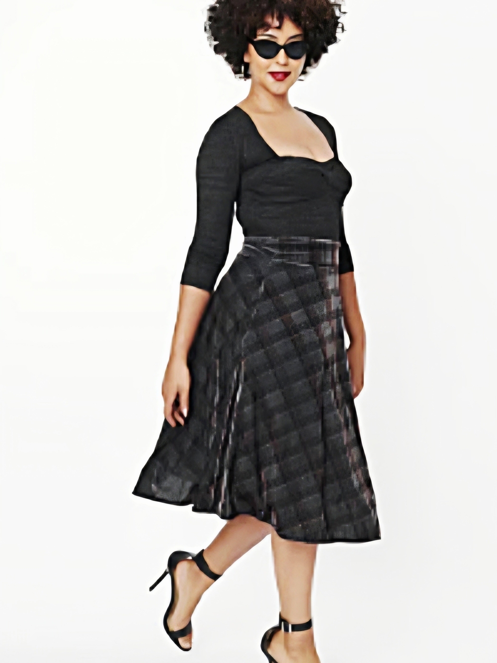 Unique Vintage Grey Brown Plaid Swing Skirt with Gold Threading